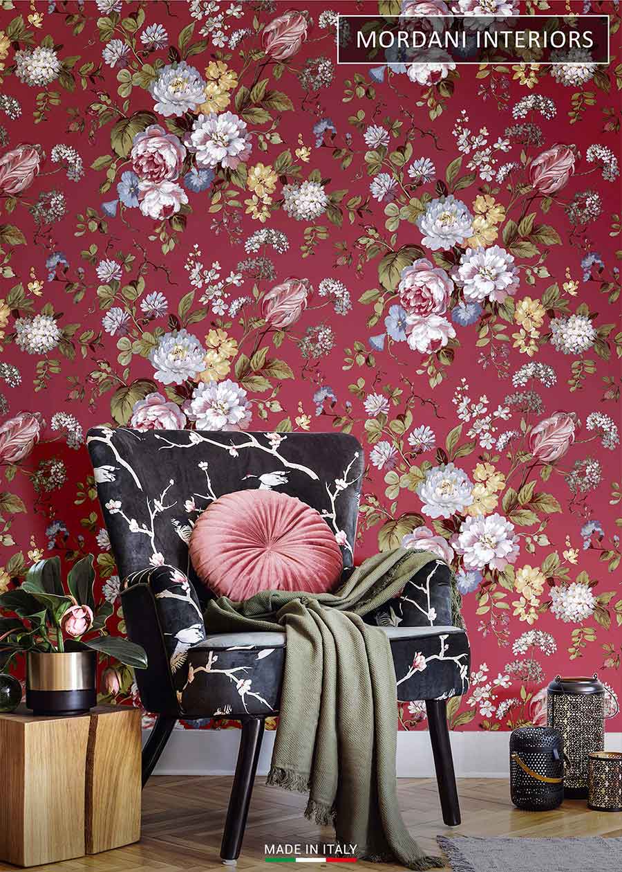 Burgundy Blossoming Floral Wallcovering.