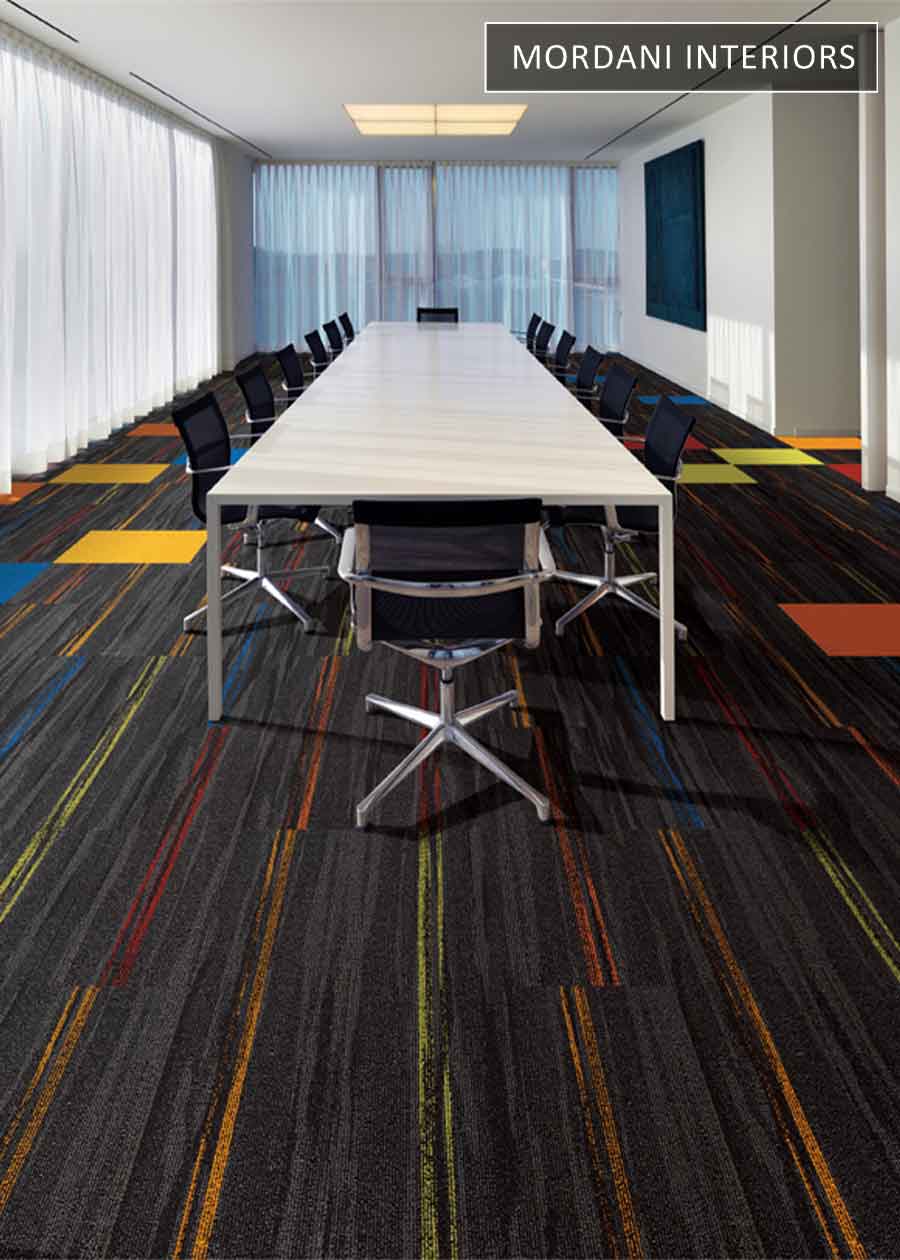 Dark Grey Striped Carpet Tile With Orange, Red, Blue & Yellow Accent Squares