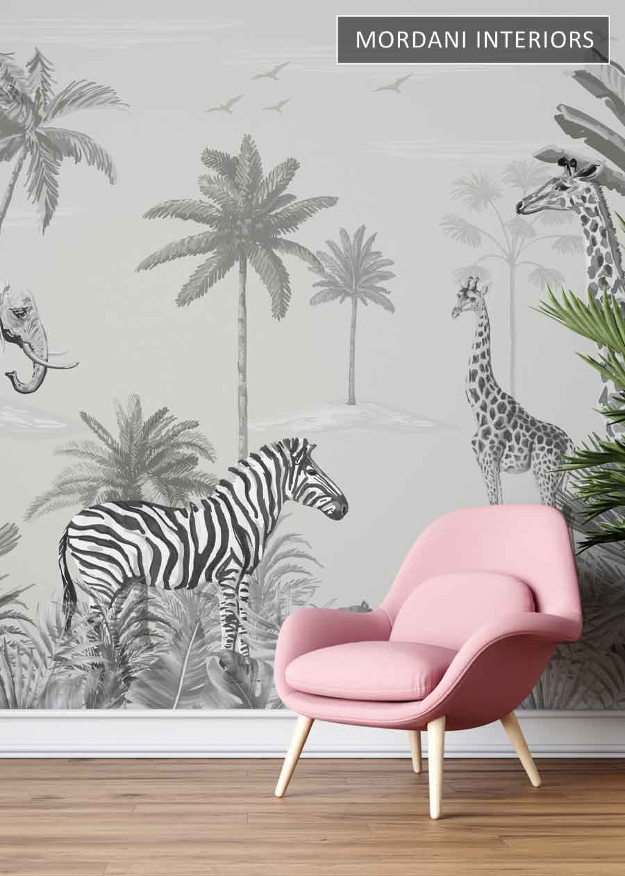 BLACK & WHITE JUNGLE SAFARI KIDS WALL MURALS _ D