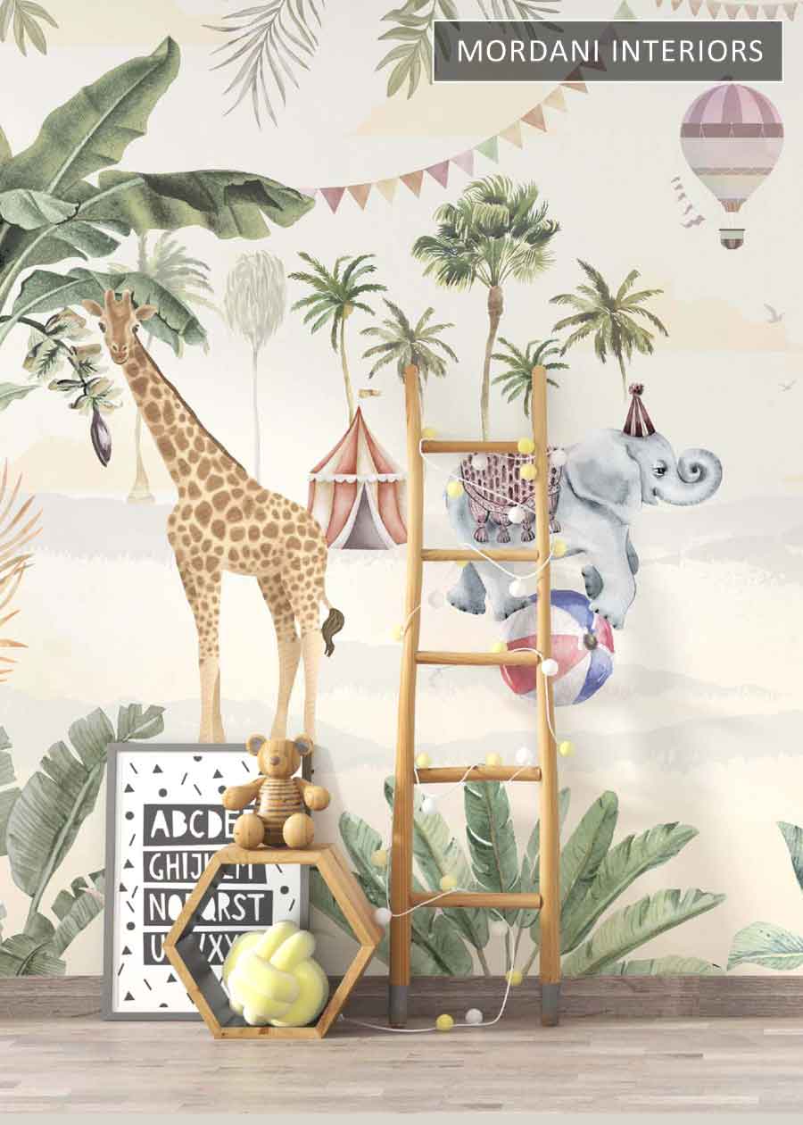 SAFARI GIRAFFE & ELEPHANT KIDS WALL MURALS _ D