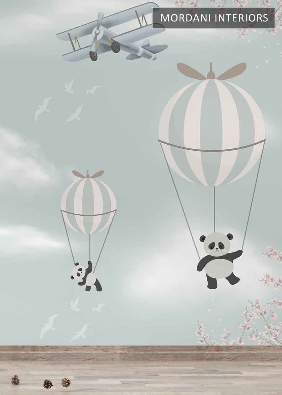 CARTOON PANDAS HOT AIR  KIDS WALL MURALS _ D