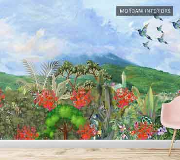 SKY BLUE & FLORAL LEAVES TROPICAL WALL MURALS _ M