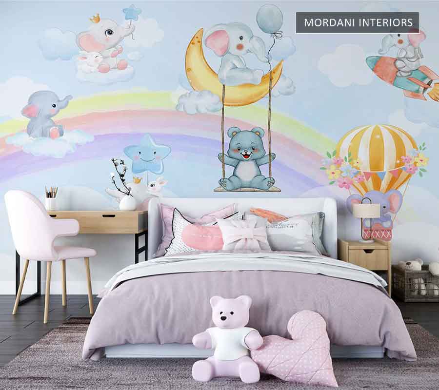 RAINBOW CLOUD BABY ELEPHANT KIDS WALL MURALS _ E