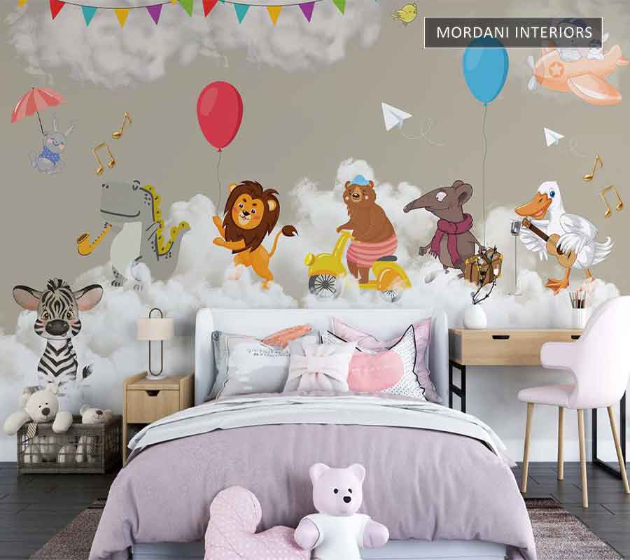 CUTE ANIMAL RIDING BIKE KIDS WALL MURALS _ E