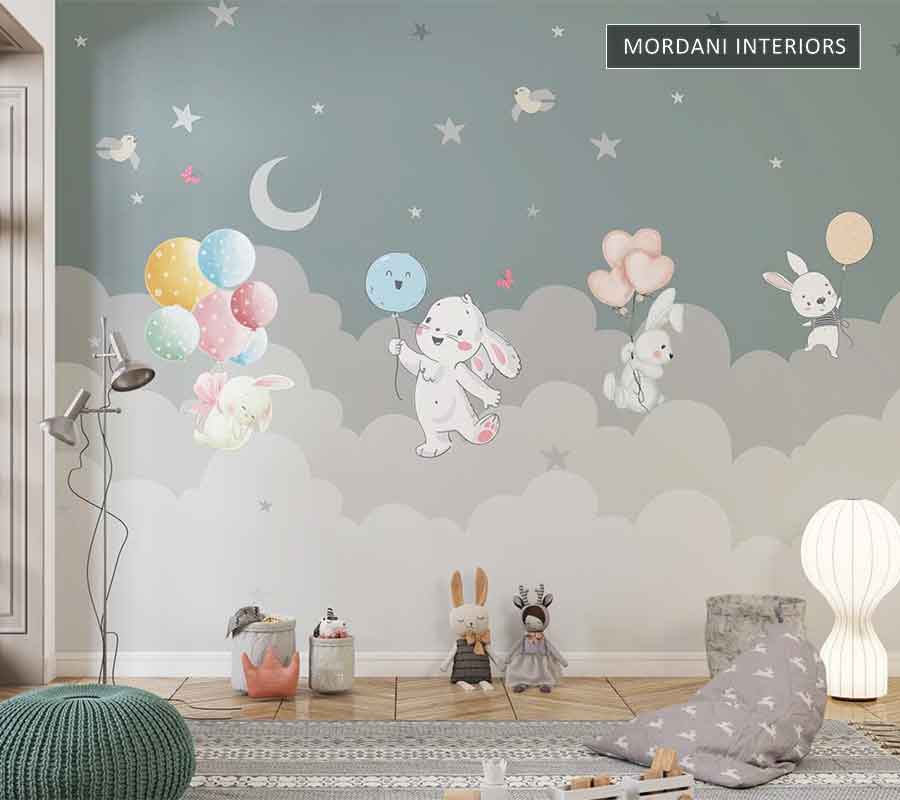 CLOUD & ANIMAL FLYING BALLOONS KIDS WALL MURALS _ E