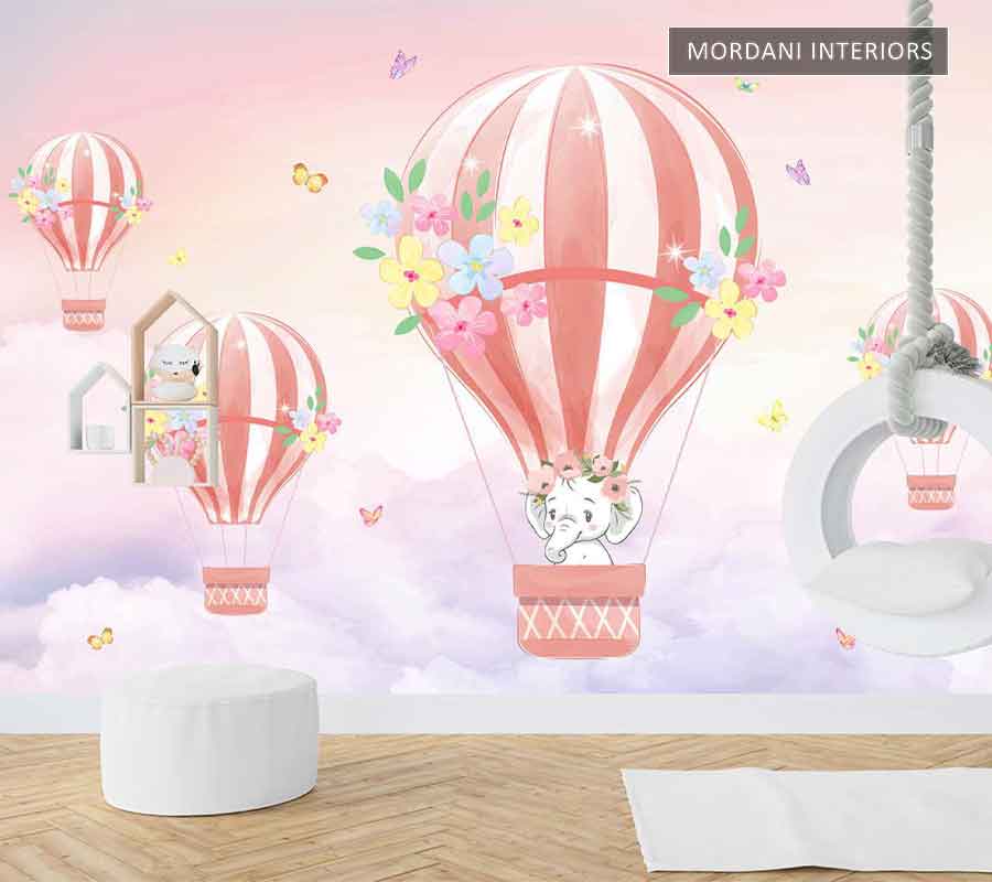 HOT AIR BALLOON WITH BABY ELEPHANTKIDS WALL MURALS _ E