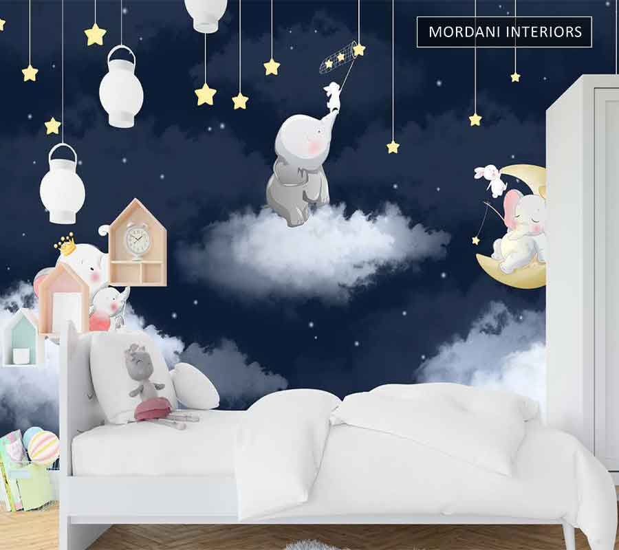 ELEPHANT IN NIGHT STARS KIDS WALL MURALS _ E