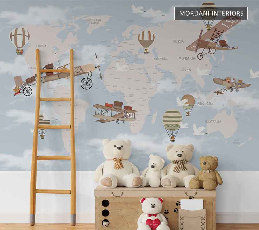 WORLD MAP WITH HOT AIR BALLOON KIDS WALL MURALS _ E