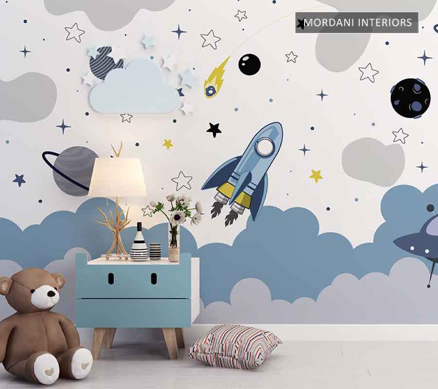 SKY BLUE & GREY SPACE THEME KIDS WALL MURALS _ E