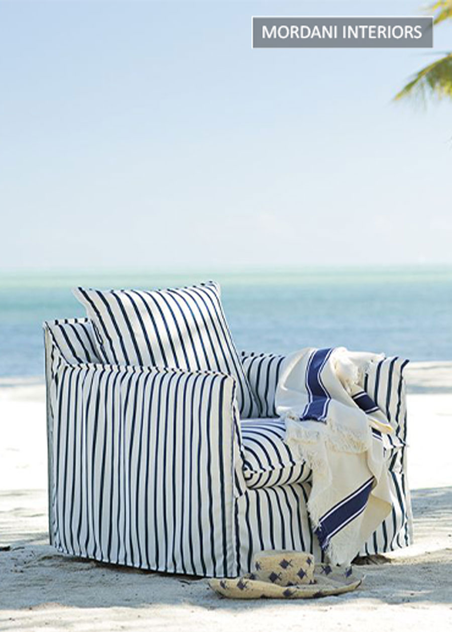 white and blue STRIPED outdoor upholstery fabric